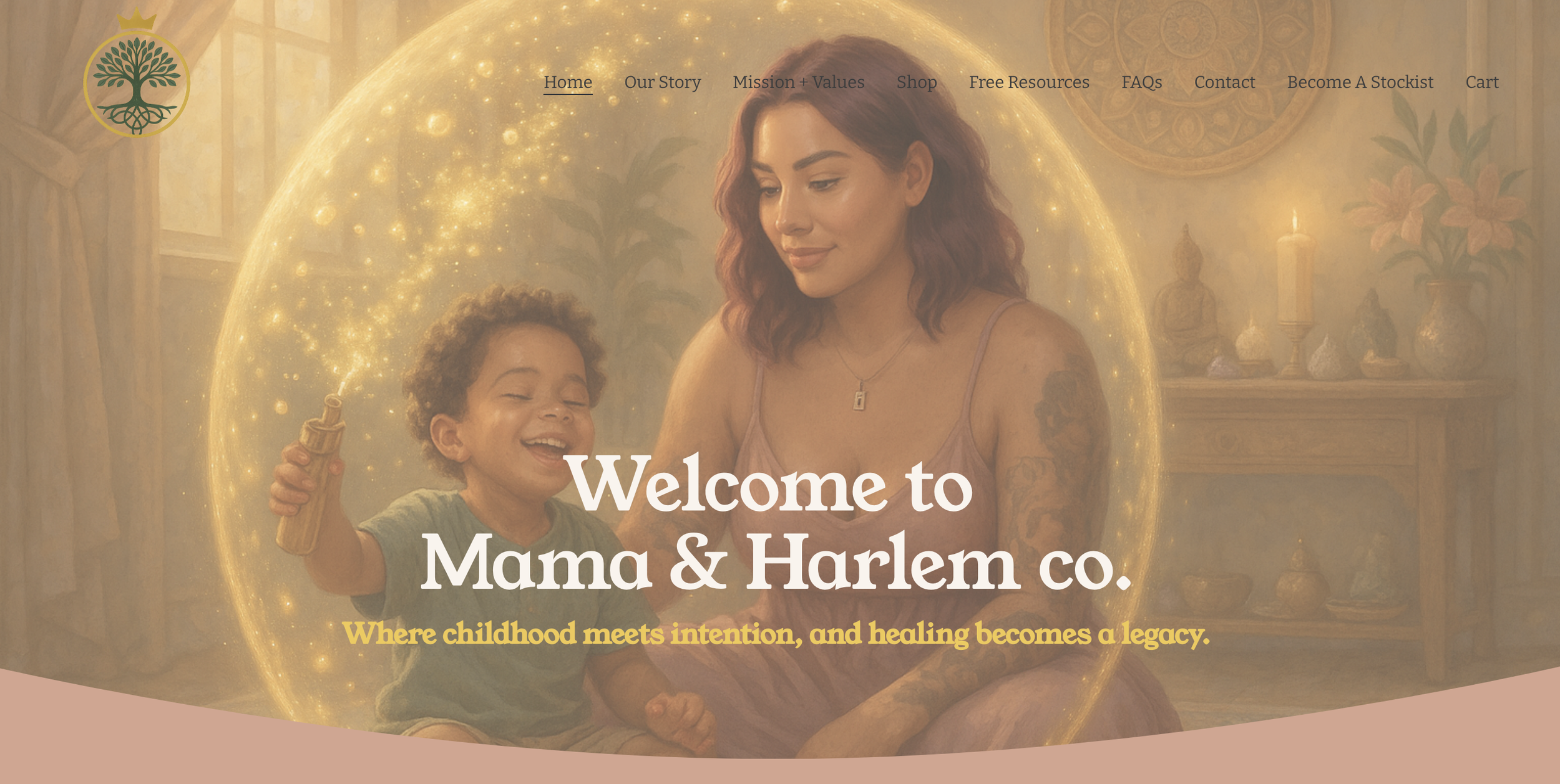 Website homepage with a banner showing a woman and a child surrounded by a glowing, magical aura, with a logo of a tree in a circle on the top left, and navigation menu at the top.