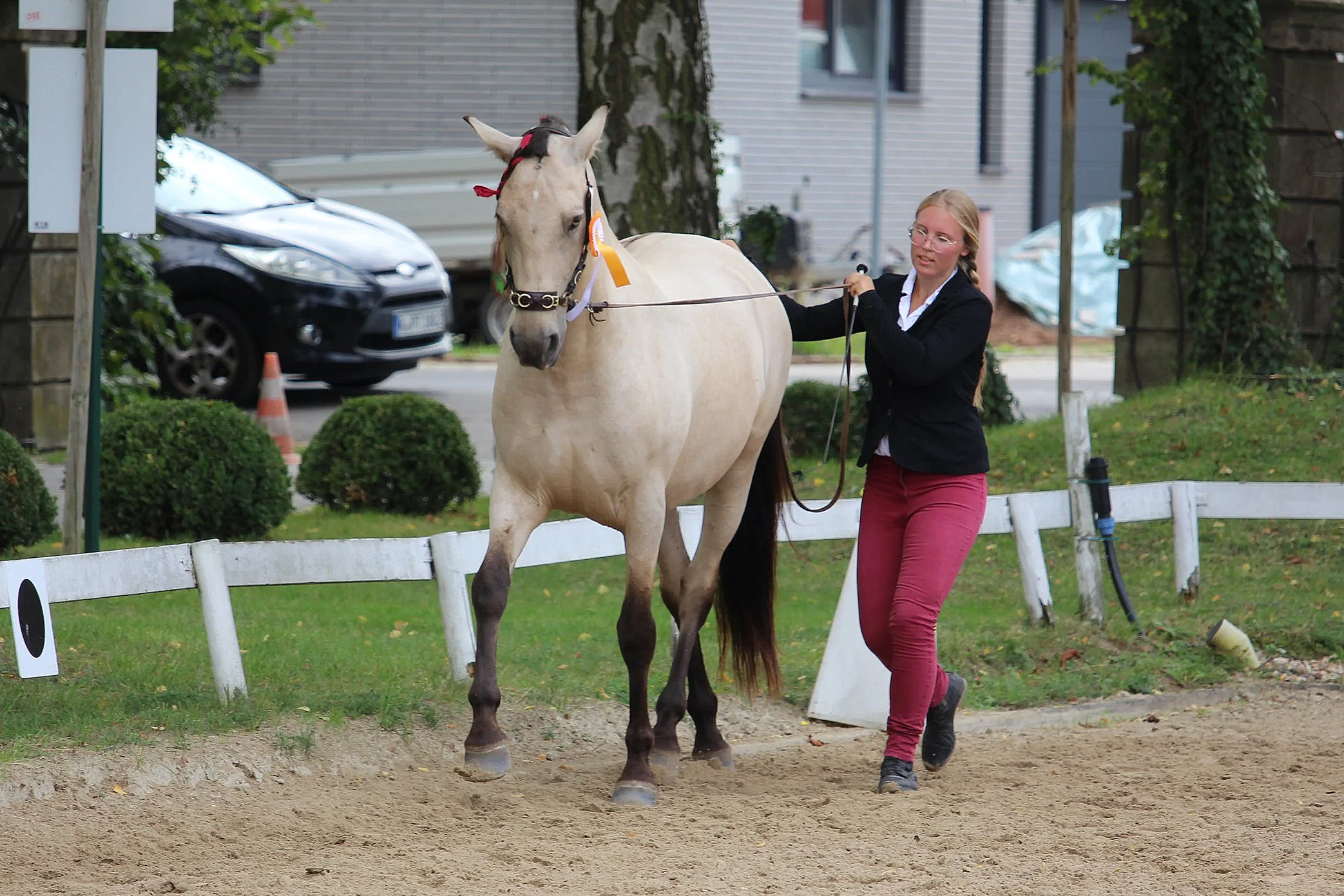 Eine junge Frau mit Brille, schwarzer Jacke und roten Hosen führt ein hellbraunes Pferd mit schwarzen Beinen am Langzügel auf einem Turnierplatz. Das Pferd trägt eine gelbe  Schleife am Kopf.