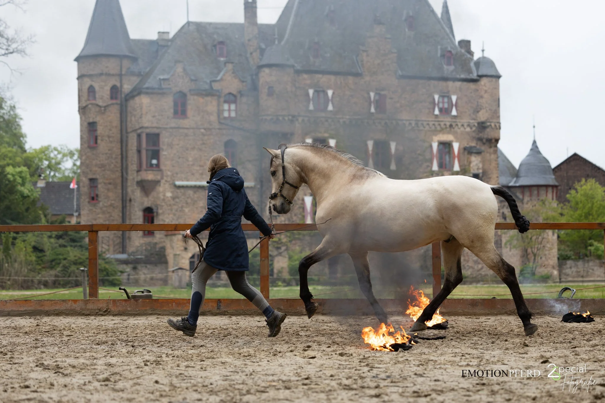 Eine Person mit dunkler Jacke führt ein helles Pferd, das über Feuer springt, auf einer Reitbahn vor einer mittelalterlichen Burg.
