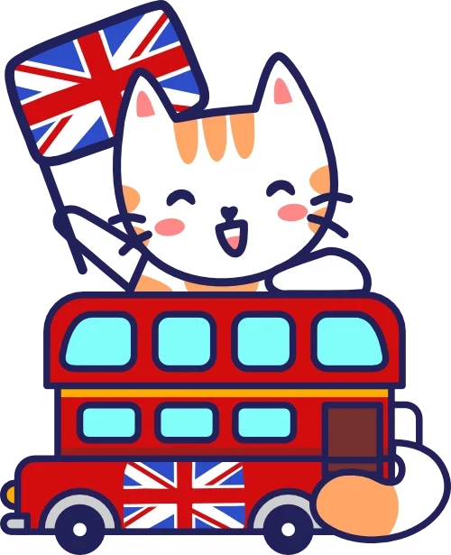 A cute cartoon white cat with orange spots, holding a British flag, sitting in a red double-decker bus decorated with another British flag.