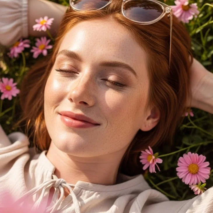 A young woman with red hair and sunglasses on her head is lying among pink daisies, smiling with closed eyes on a sunny day.