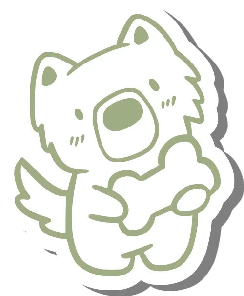 Cute cartoon dog holding a bone.
