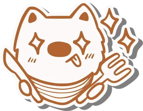 A cartoon illustration of a dog with sparkling eyes, sticking out tongue, wearing a striped scarf, holding a fork and spoon, with sparkling stars around its head.