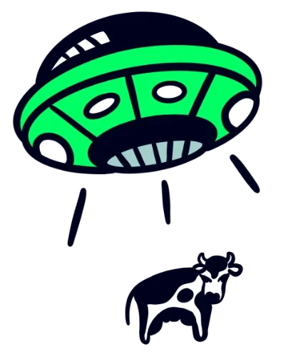 A cartoon-style alien spaceship with green and white lights hovering above a black background, with a small black and white cow standing underneath.