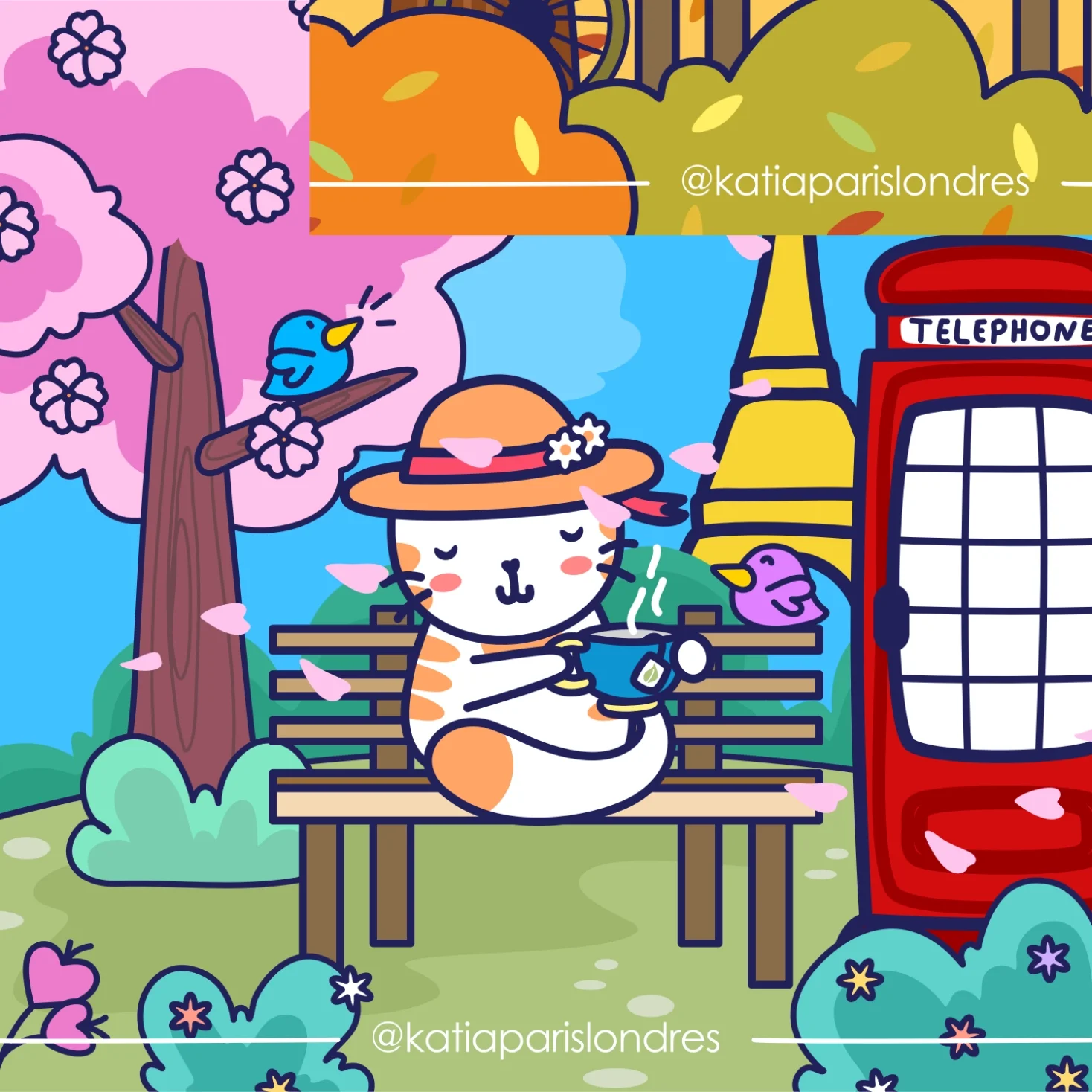 Cartoon of a white and orange cat sitting on a wooden park bench, wearing a wide-brimmed hat with flowers, drinking tea. The scene includes pink cherry blossom trees, blue birds, a red telephone booth, and a yellow Eiffel Tower in the background.