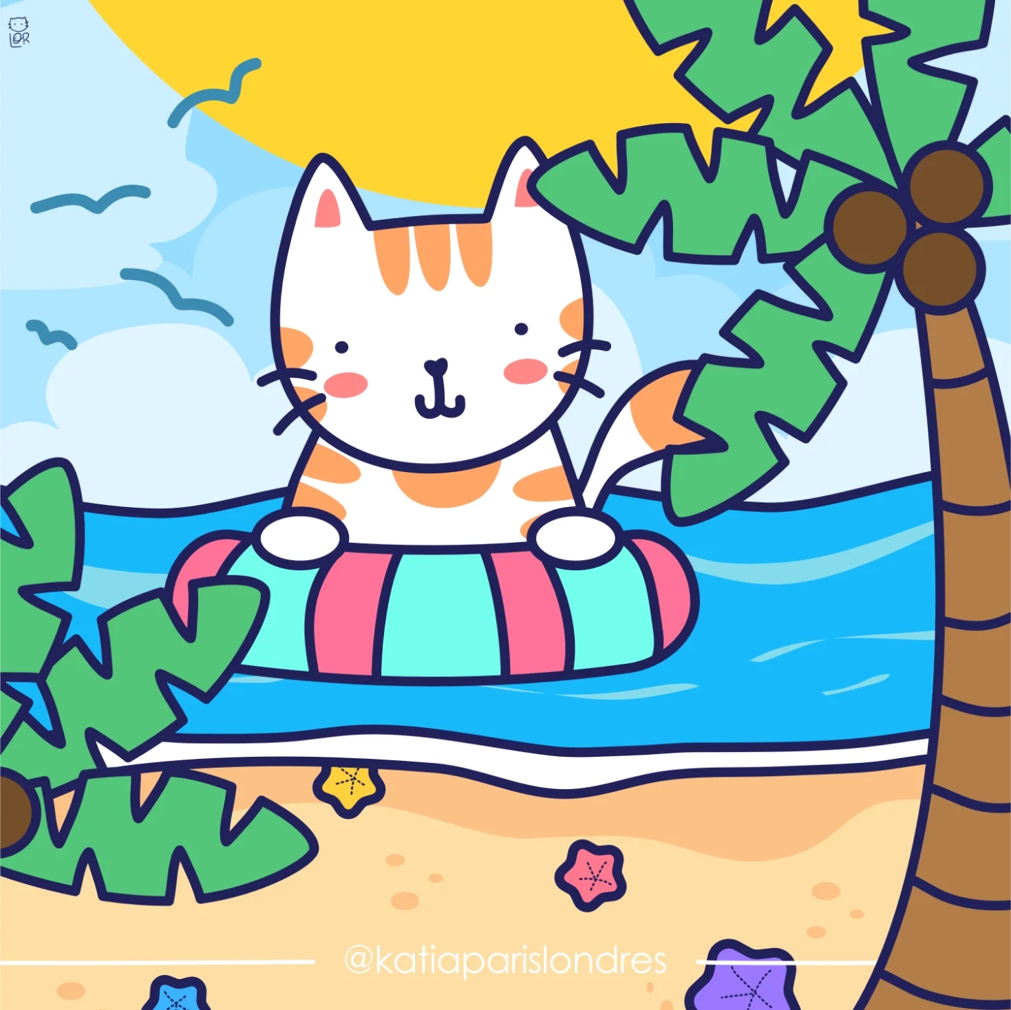 A cute cartoon cat with orange stripes relaxing on a pink and blue inflatable float in the water under a yellow sun, surrounded by beach scenery including a palm tree, starfish, and seashells.