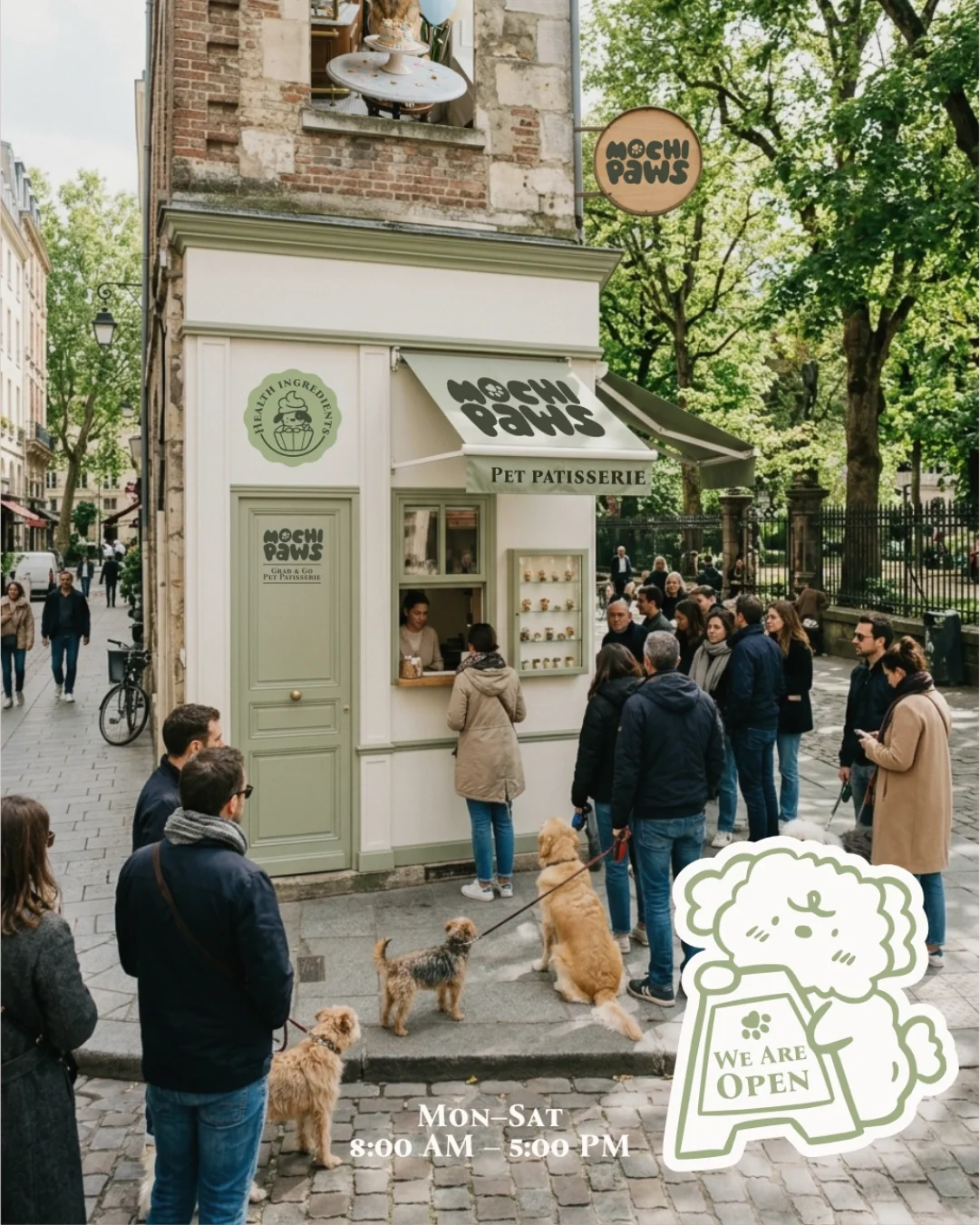 A pet bakery called Mochi Paws located on a street, with people and dogs lining up outside. The bakery has a cream-colored facade with green accents and a sign that reads "Pet Patisserie." There is a cartoon dog holding a cake and a sign indicating it is open Monday through Saturday from 8:00 AM to 5:00 PM.