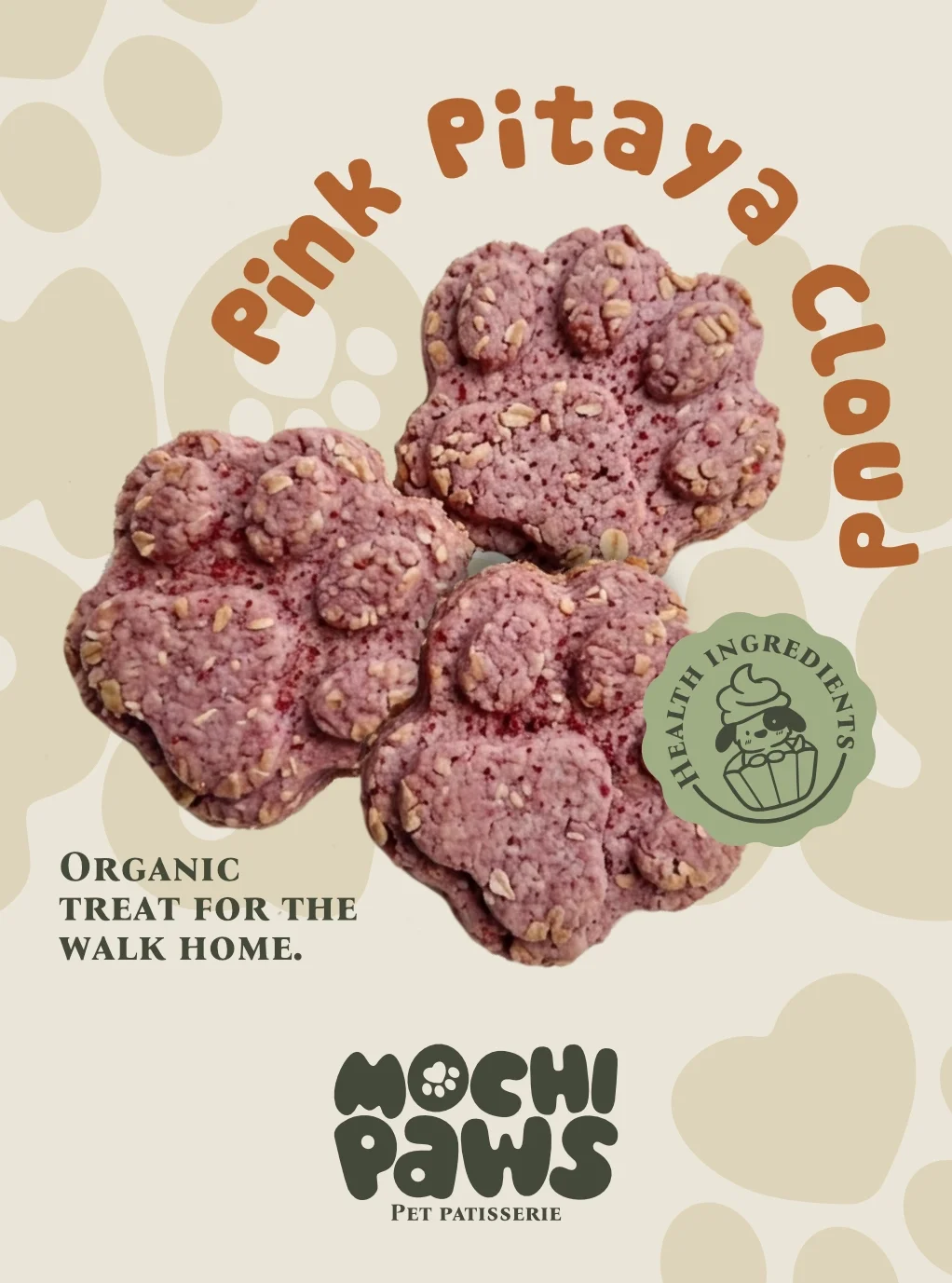 Pink pet treats shaped like paw prints with oats, labeled 'Pink Pitya Paw' and 'Mochi Paws Pet Patisserie,' featuring a logo with a dog in a cupcake and text indicating they are organic and healthy ingredients.