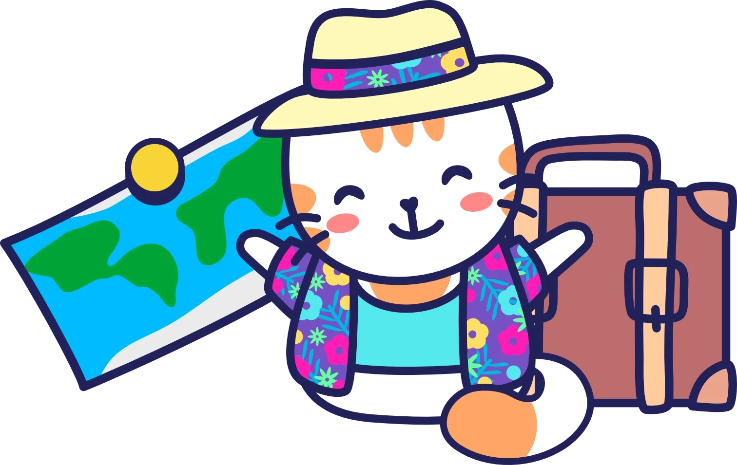 Cartoon white cat wearing a flowery shirt and a sun hat, smiling with eyes closed, holding a globe in one paw and a suitcase in the other, ready for travel.