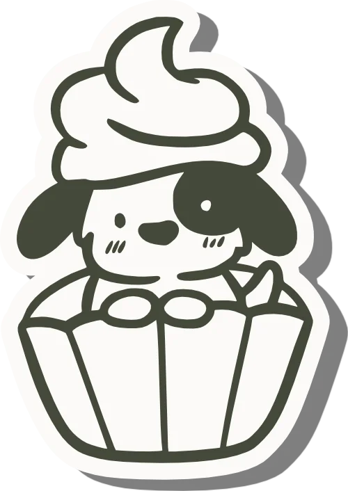 A cute cartoon dog with a one eye patch, sitting inside a cupcake wrapper with whipped cream on top.