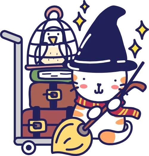 A cute illustration of a cat dressed as a wizard with a pointy hat, sitting beside a luggage cart filled with bags, books, and a bird in a cage, surrounded by sparkles.