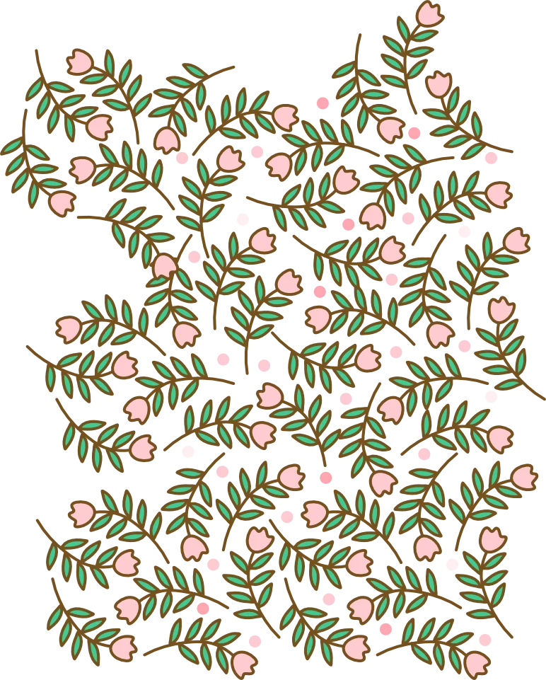 Illustration of a leafy plant or shrub with small pink bell-shaped flowers distributed among green leaves.