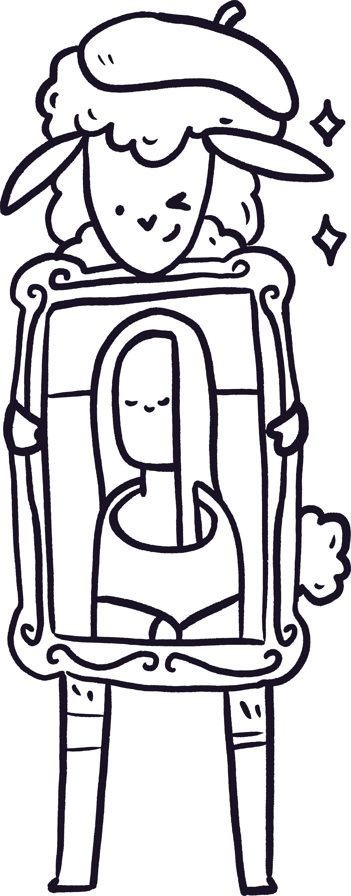 Line drawing of a person wearing sunglasses and a wide-brimmed hat, sitting on a bench or chair, with decorative stars around them.