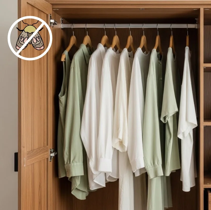 Closet with white and light green shirts hanging on wooden hangers inside a wooden wardrobe. An icon of a bug with a strike through symbolizes bug-free or insect-resistant.