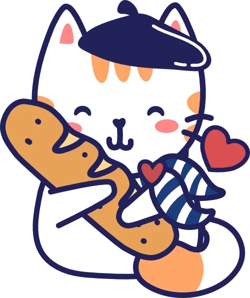 Cute cartoon cat with a blue hat holding a baguette and a red heart.