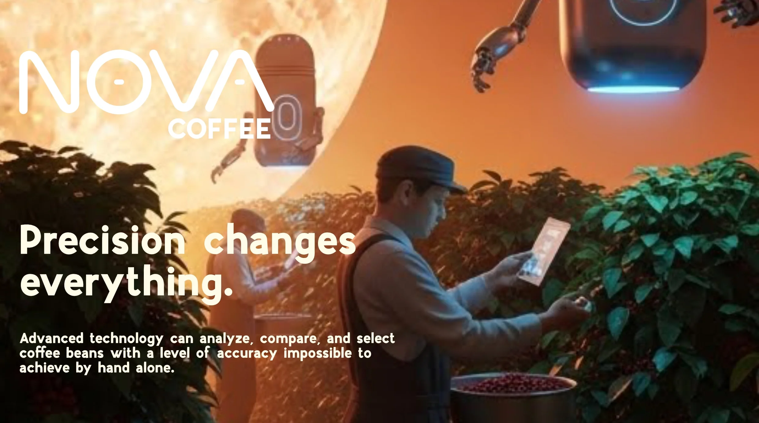 Early morning in a coffee farm with a person in a hat and glasses inspecting coffee beans using a tablet, with robots flying above and a large moon in the background.