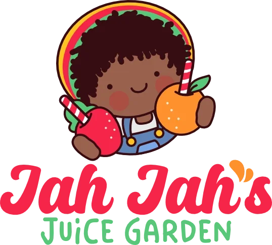 Cartoon illustration of a boy with curly hair holding a strawberry and an orange, with a rainbow and greenery in the background, and the text 'Jah Jah's Juice Garden' below.