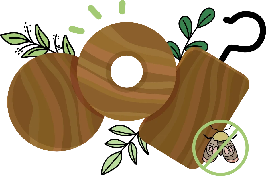 Illustration of three pieces of wood with a sprig of green leaves, and a small insect with a crossed-out symbol indicating pest control.