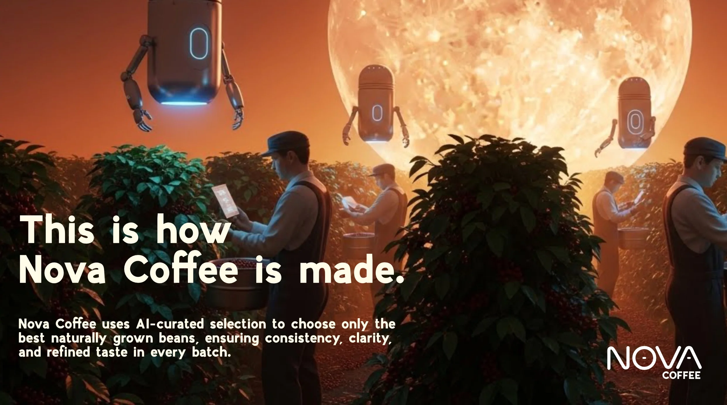 A futuristic scene with humans in a coffee farm, surrounded by large plants and under a giant moon. There are floating robot drones with glowing lines overhead. The humans are using tablets.
