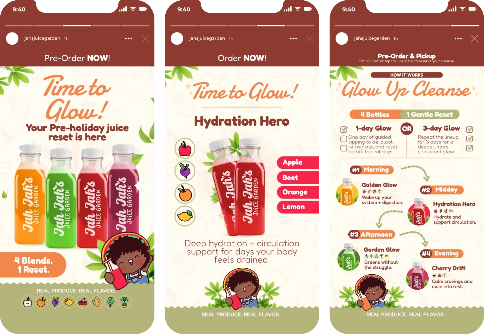 Screenshots of a juice brand's social media posts advertising pre-order and pickup options for their drinks, including different juice blends and a hydration support product called 'Hydration Hero' with suggested usage timings and benefits.