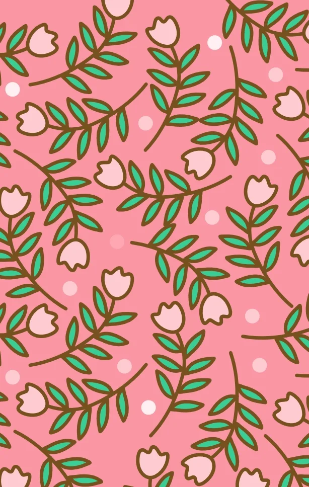 Pattern of stylized flowers with green leaves on pink background with white dots.