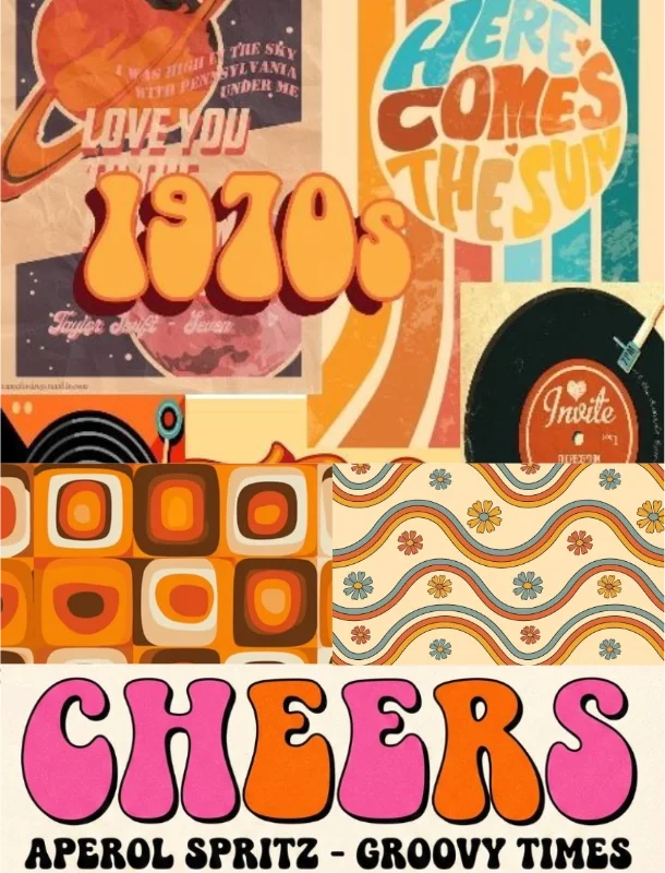 Collage of colorful retro-style posters and designs, including text like 'LOVE YOU,' 'HERE COMES THE SUN,' '1970s,' and 'CHEERS' with patterns such as abstract squares and wavy lines.