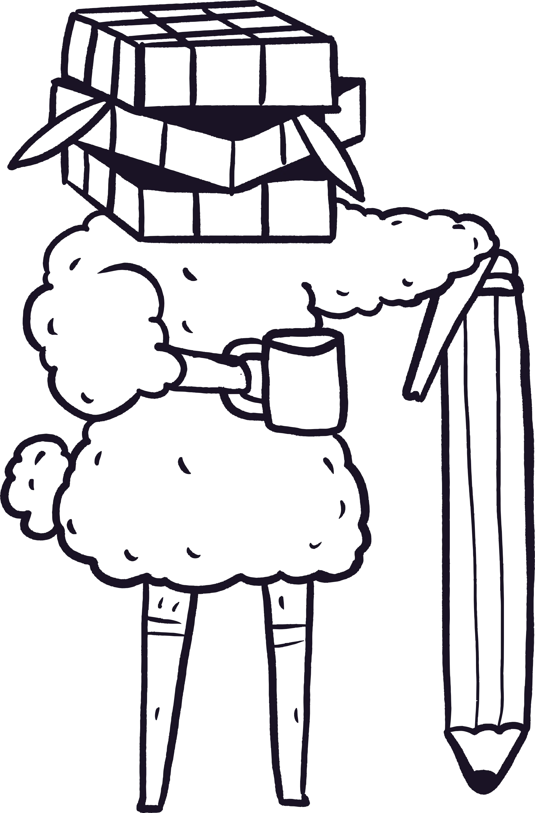 Line drawing of a person with a long-sleeve shirt, pants, and shoes, holding a watering can in one hand and a small potted plant in the other.