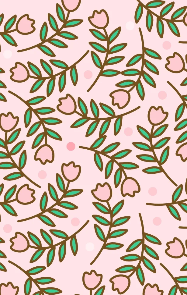 Pattern of pink flowers with green leaves and brown stems on a light pink background with pink and white dots.