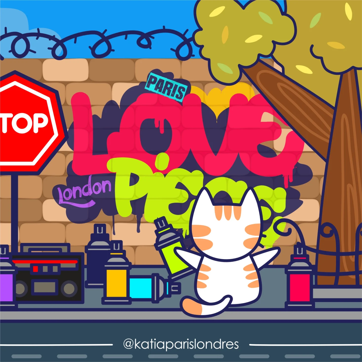 A colorful graffiti wall featuring the words 'Love' and 'Peace' with city names Paris and London. A white cartoon cat with orange stripes is standing on the sidewalk holding spray paint cans. There is a stop sign, spray paint bottles, and a boombox n