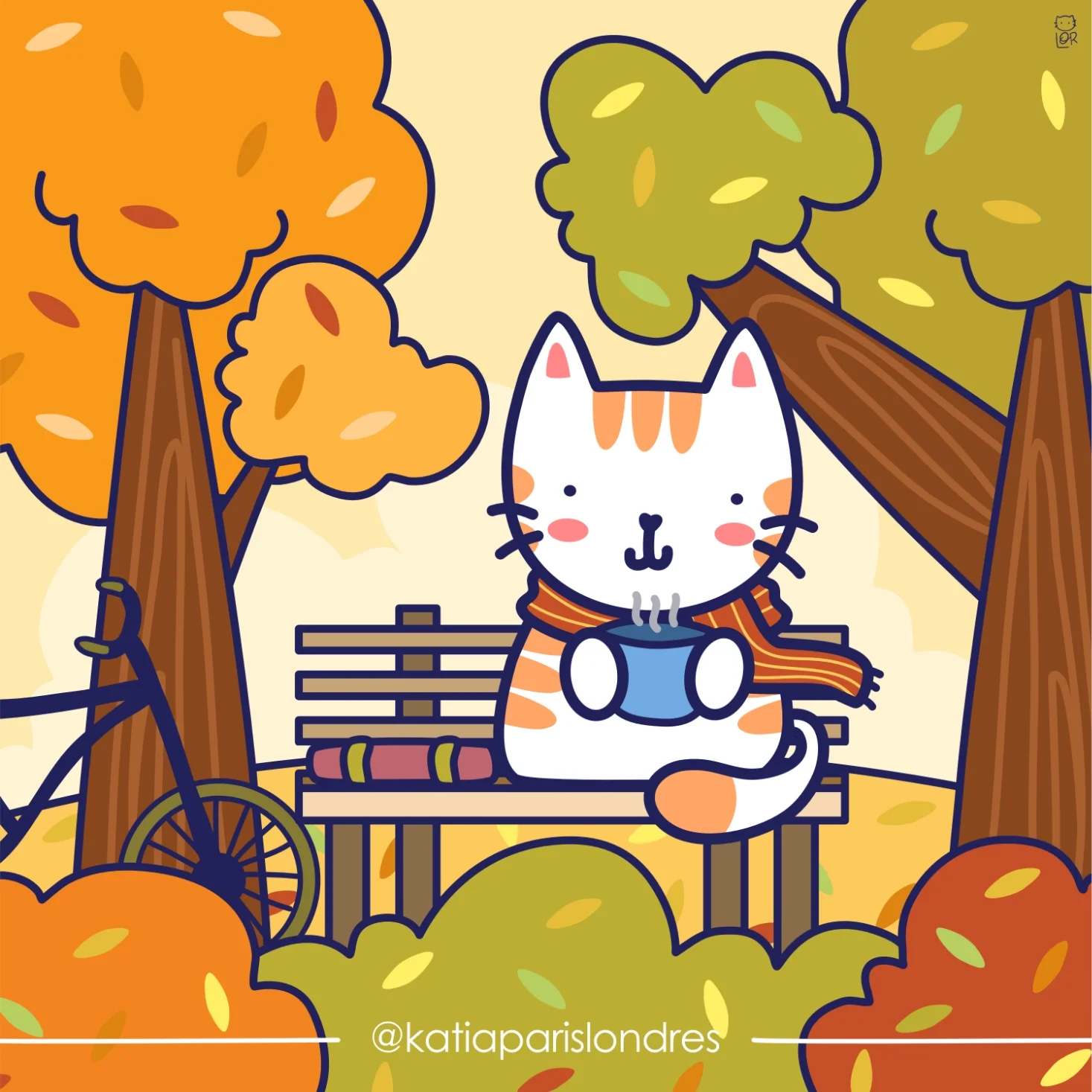 Cartoon illustration of a white cat with orange stripes sitting on a park bench, wearing a red and yellow striped scarf, holding a steaming blue mug, surrounded by orange and green trees, with a bicycle leaning against a tree on the left, and the use