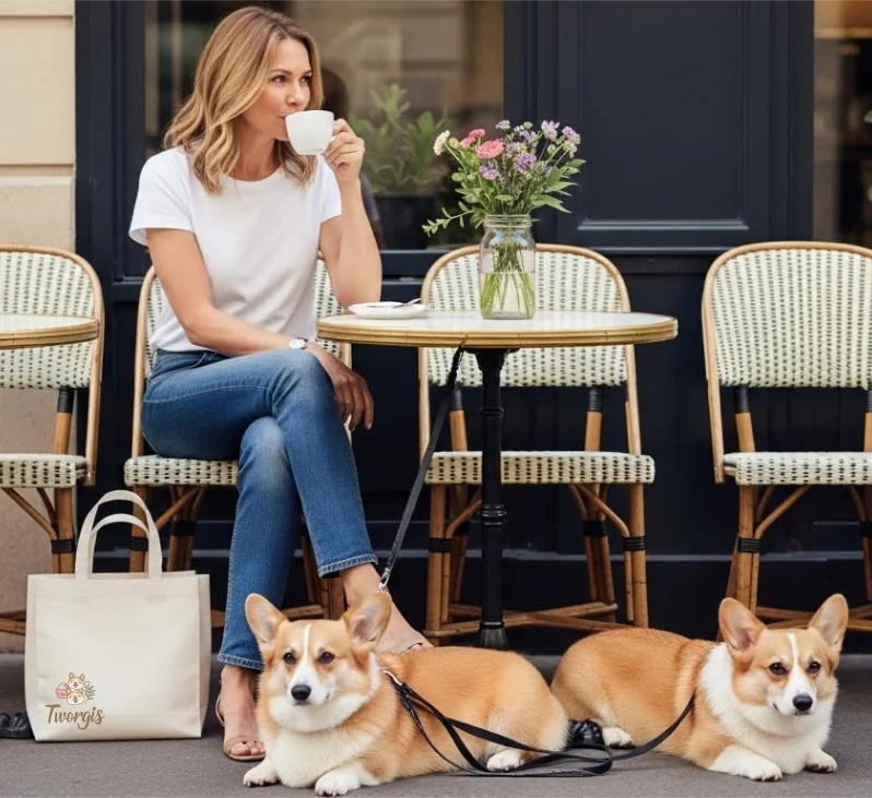 Woman sitting outdoors at a cafe with two corgi dogs, sipping from a white cup, with a flower arrangement on the table and a tote bag on the ground.