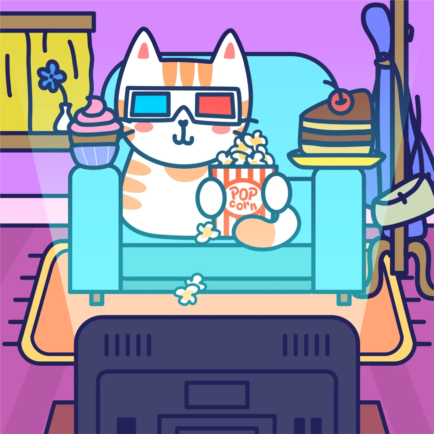 A cartoon cat wearing 3D glasses sitting on a blue armchair, eating popcorn while watching TV. The room has purple walls, a yellow curtain with a flower, a side table with a cupcake, and a slice of cake with a cherry. There are also some popcorn piec
