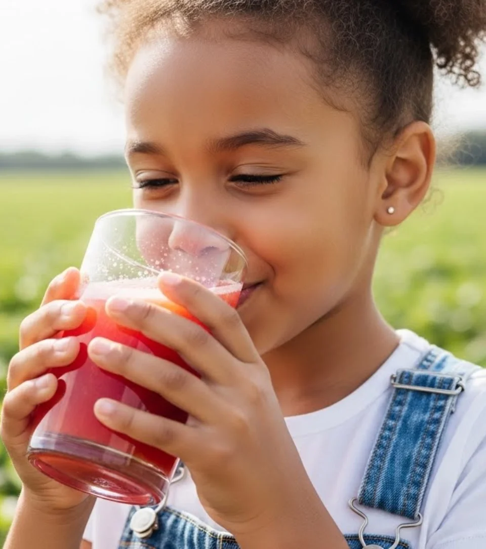 A young girl with curly hair and earrings is smiling while holding a glass of pink juice outdoors.