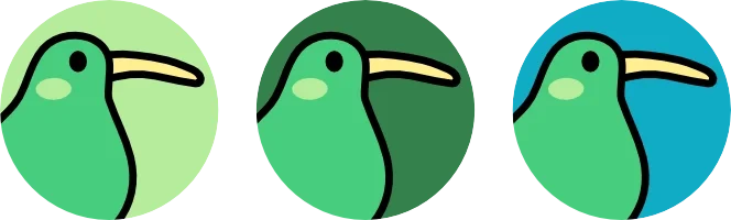 Illustration of three hummingbirds with green bodies and long beaks, each on a different colored background: light green, dark green, and blue.