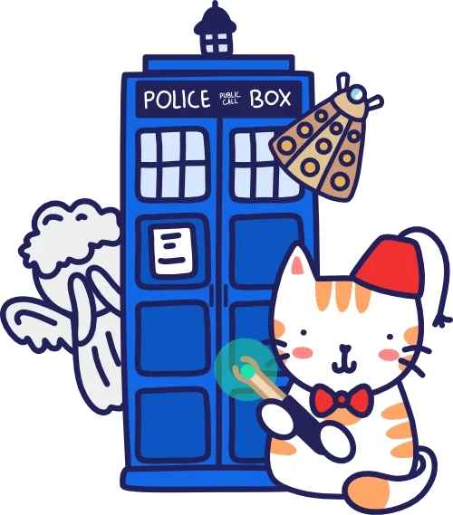 A cartoon illustration featuring a blue British police box, a white cat wearing red glasses and a red tie holding a wrench, a wooden butterfly pin attached to the police box, and a small cloud with a crying face.