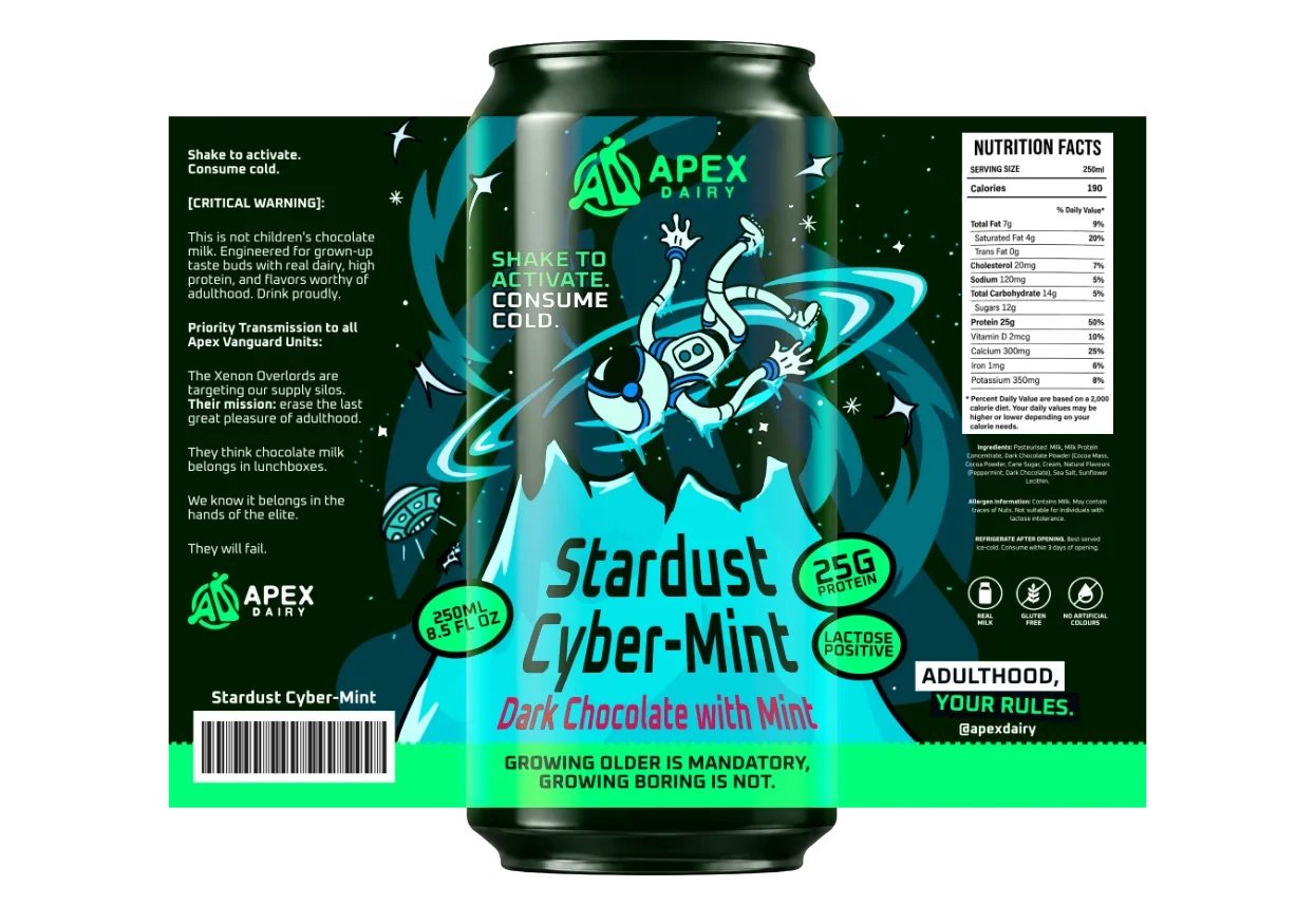 Can of Stargust Cyber-Mint dark chocolate with mint almond milk, featuring an illustration of an astronaut floating in space surrounded by stars and planets, with a swirling galaxy background, and promotional text highlighting the product's features and nutrition facts.