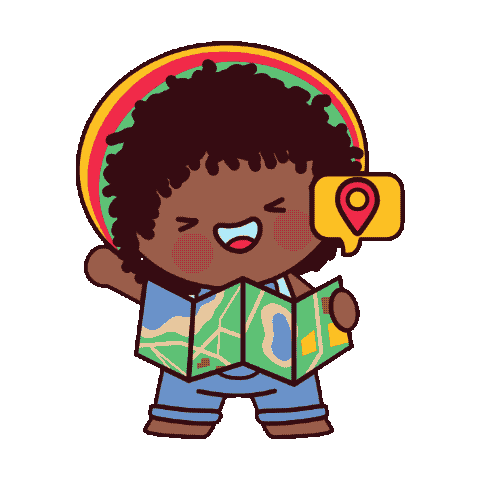 Cute cartoon character with curly hair, holding a map and a location pin, smiling with eyes closed, against a colorful rainbow background.