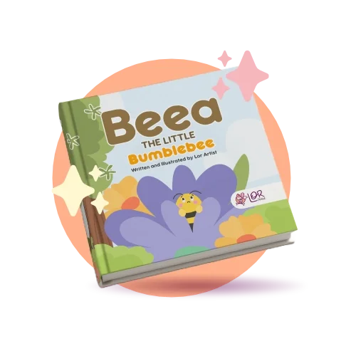 Children's book titled "Beea the Little Bumblebee" with colorful illustrations of a bee and flowers.
