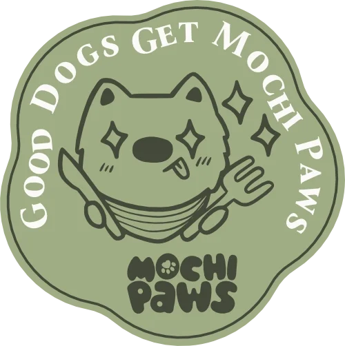 A logo featuring a cartoon dog with shining eyes, wearing a face mask, holding a fork and spoon, with the text "Good Dogs Get Mochi Paws" and "Mochi Paws" below.