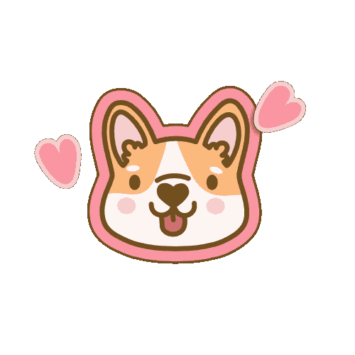 Cute cartoon illustration of a dog's face with pink hearts around it.