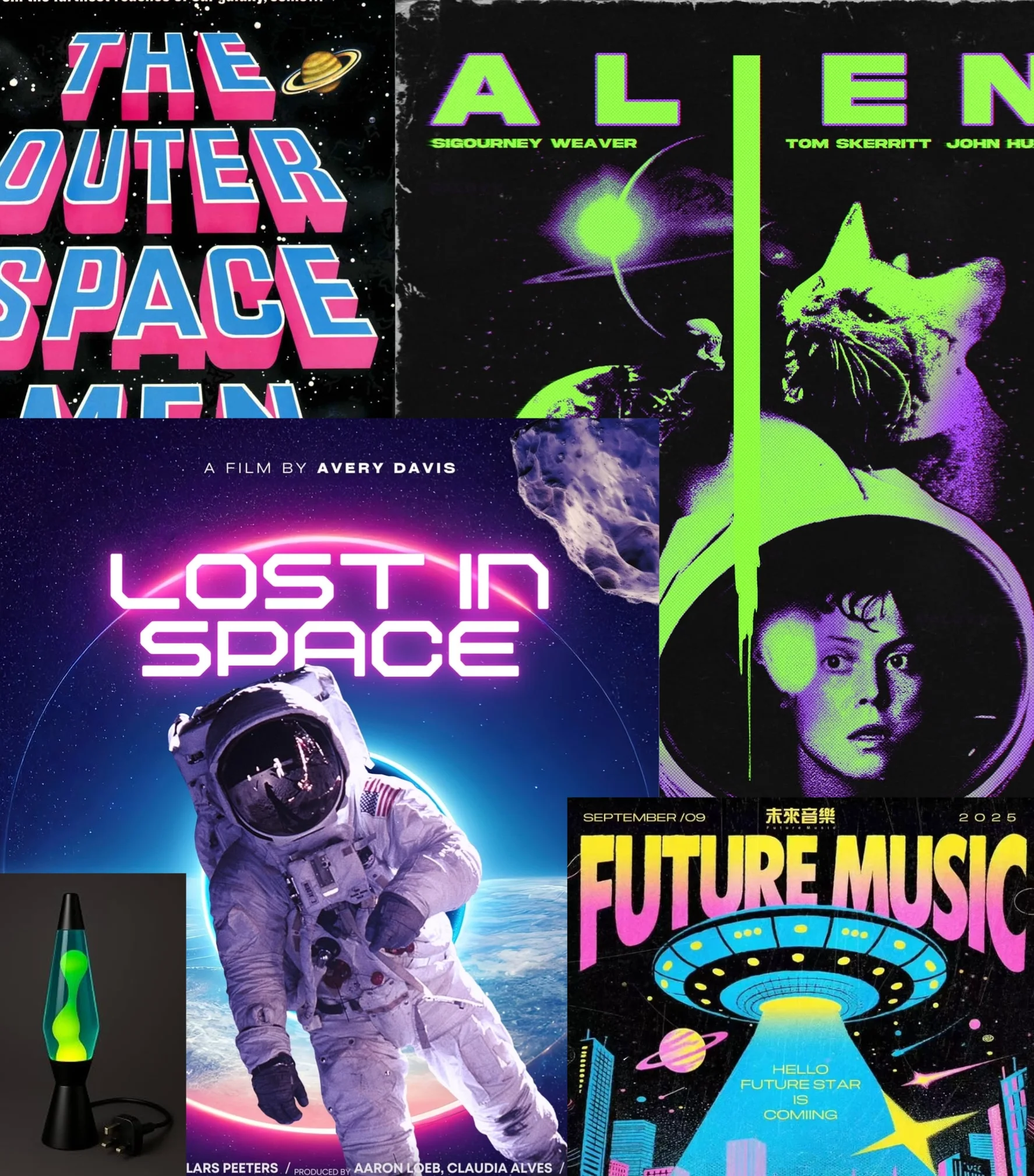 Collage of science fiction movie posters with neon text, space imagery, and a talking cat with headphones.
