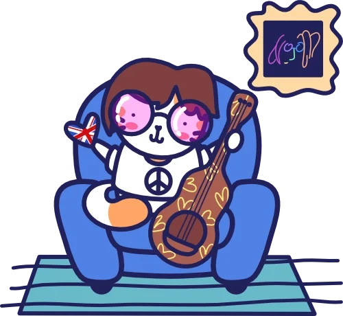 Cartoon dog sitting on a blue armchair holding a guitar and a small Union Jack flag, wearing sunglasses and a peace sign shirt, with a neon sign that says "mood" in the background.