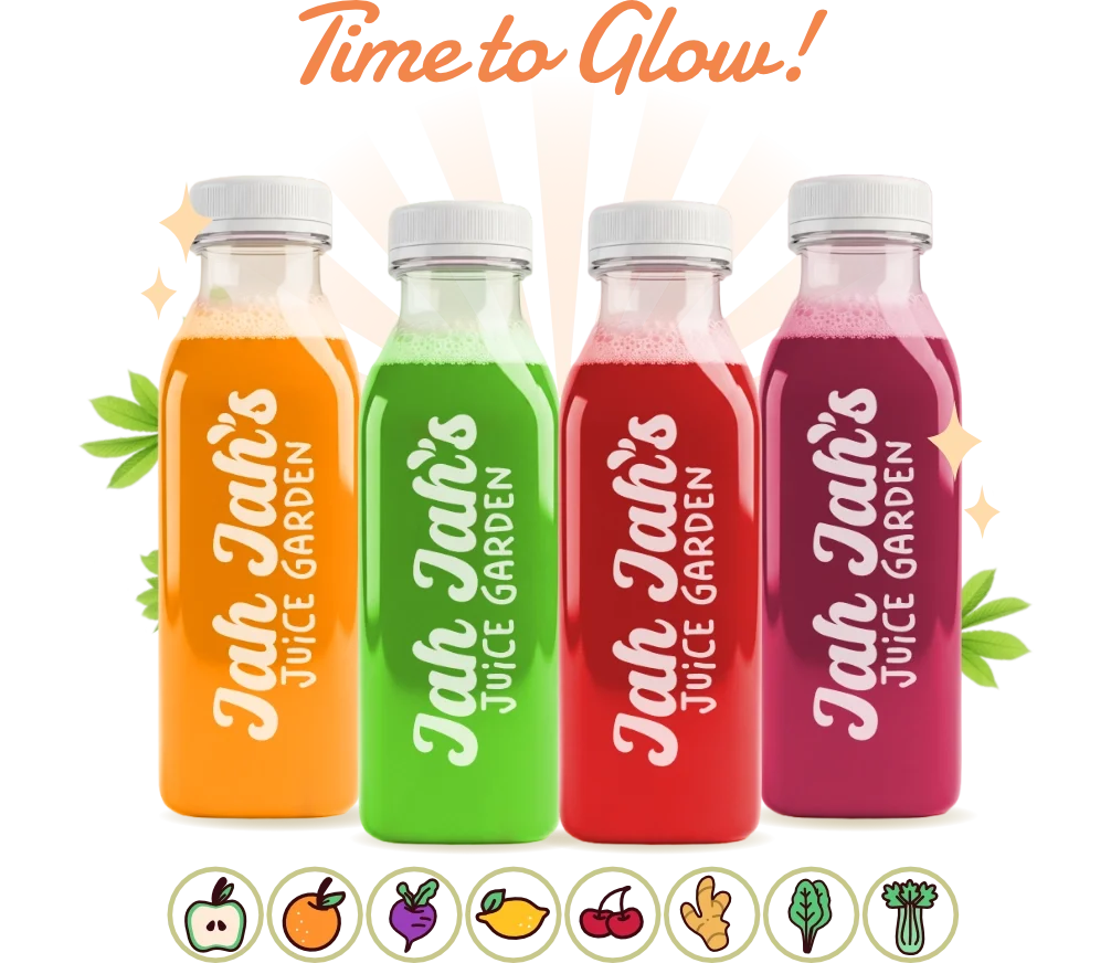Four bottles of juice labeled "Jack's Juice Garden" in orange, green, red, and purple colors, with a background that says "Time to Glow!" and small icons of fruits and vegetables at the bottom.