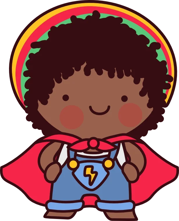 Cartoon of a young girl with dark curly hair, wearing a rainbow hat, a red cape, and a superhero outfit with a lightning bolt emblem, standing confidently.