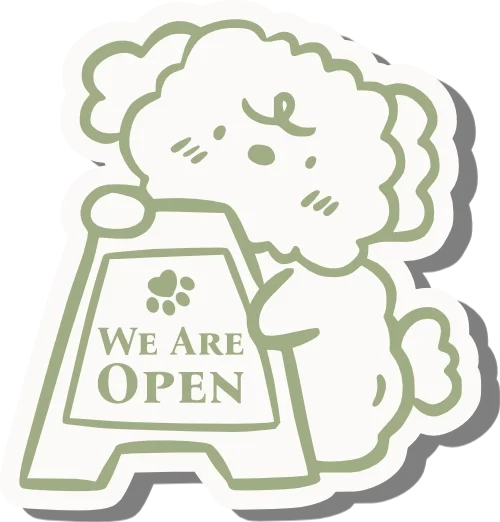 Cute cartoon dog with a fluffy coat standing behind a sign that says "We Are Open"