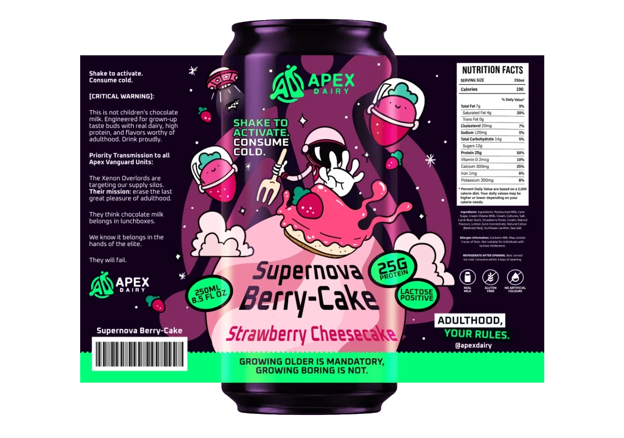 Can of Apex Dairy Supernova berry-cake strawberry cheesecake flavored drink with strawberries and cartoon cake character on purple background.