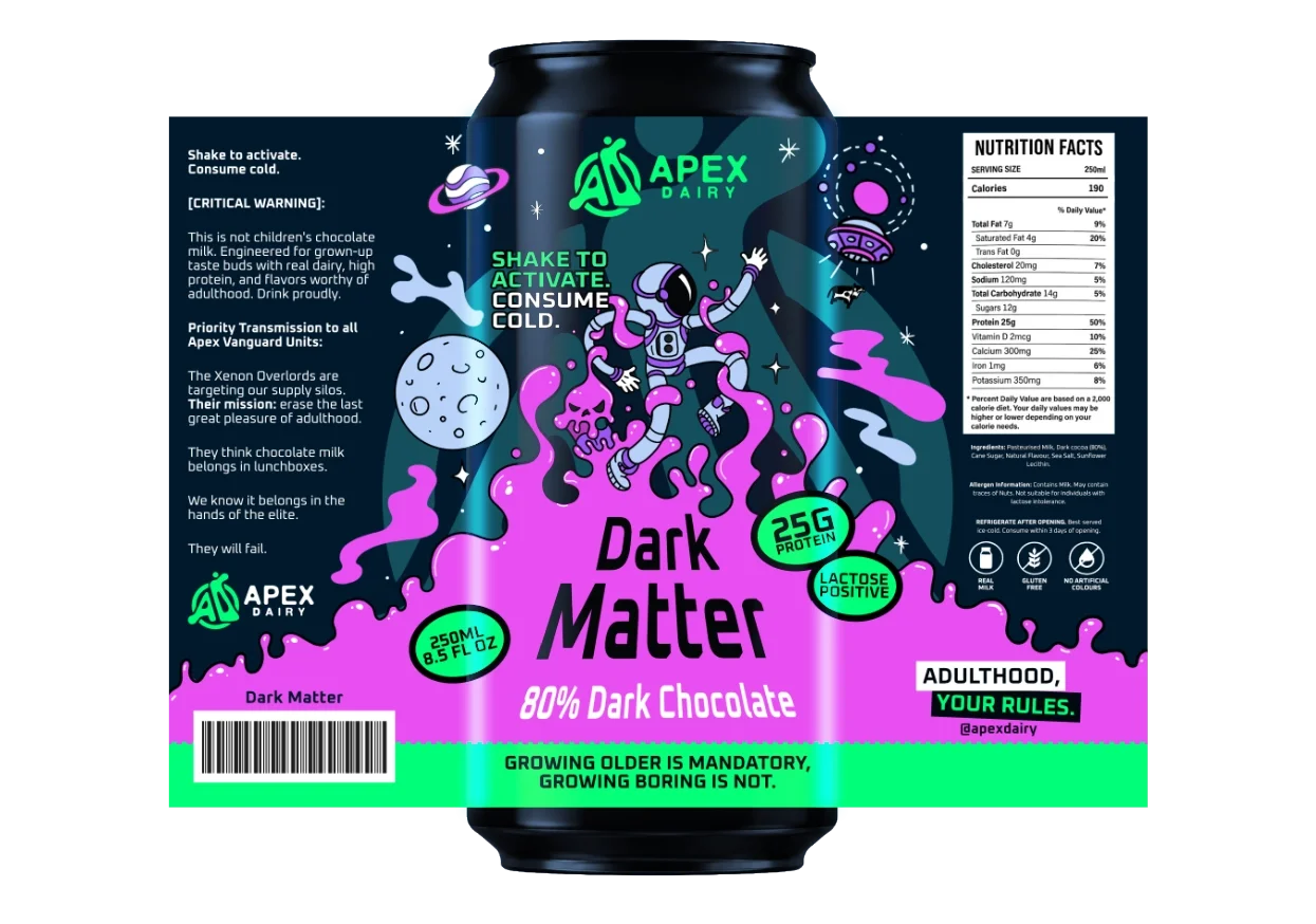 A can of Apex Dairy Dark Matter 80% Dark Chocolate beverage. The design features a space theme with an astronaut, planets, and stars against a cosmic background. The label highlights 25 grams of protein, lactose positive, and 250 milliliters volume. Additional text mentions consuming cold, adult rules, and a tagline about growing older and boredom.