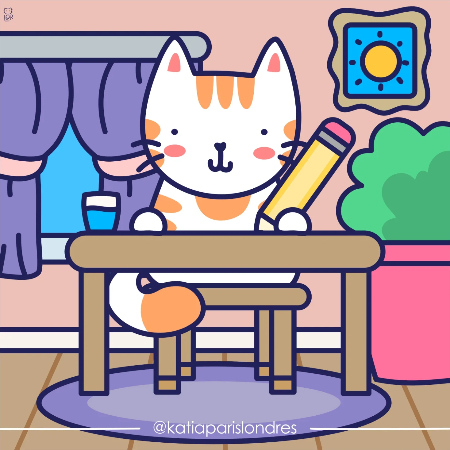 A cute cartoon orange and white cat sitting at a wooden table holding a yellow crayon and drawing. There is a glass of water on the table, a window with purple curtains, a green plant, and a framed sun picture on the wall in the background.