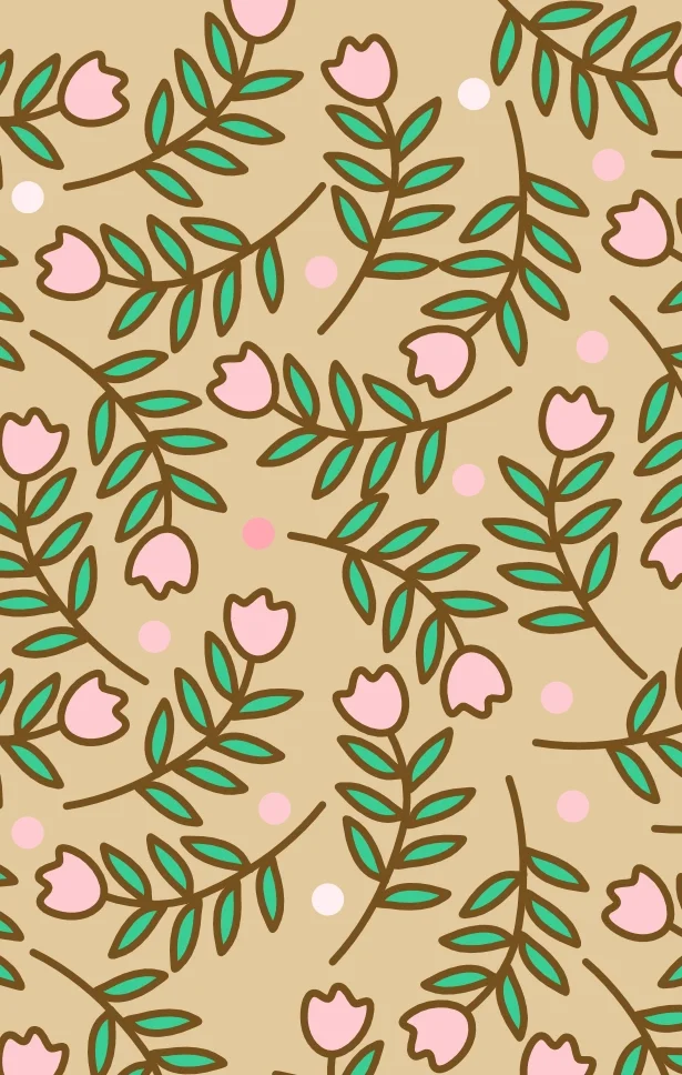 Pattern of pink bell-shaped flowers with green leaves and small pink and white dots on a tan background.
