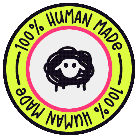 Circle logo with a smiling pig illustration at the center. Surrounding the pig are the words '100% HUMAN MADE' written twice, with a bright neon green outer ring and a pink inner ring.
